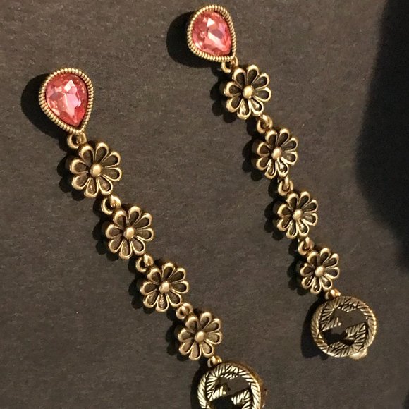 Gucci GG Marmont Pink Daisy Drop Earrings Silver 925 Aged Gold Finish GORGEOUS! - Picture 15 of 16